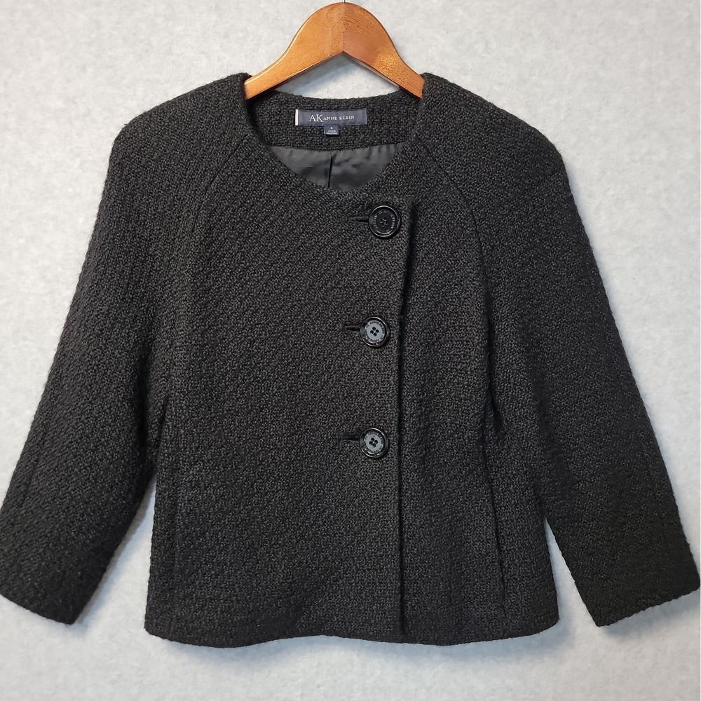 AK Anne Klein Black Wool Blend Tweed Blazer Jacket Button Front Women's Sz 4